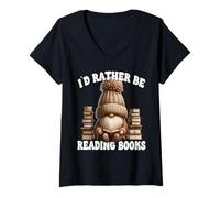 Donna Book Lover GNOME for Women Men ID Rather Be Reading Books Maglietta con Collo a V