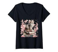 Donna Book Lover Graphic for Cat Mom And People Who Love Cats Maglietta con Collo a V