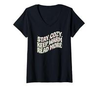 Donna Book Lover Stay Cozy Keep Warm Read More Retro Maglietta con Collo a V