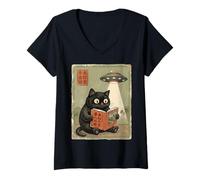 Donna Book Lover UFO Alien Abduction Vintage Japanese Cat Maglietta con Collo a V