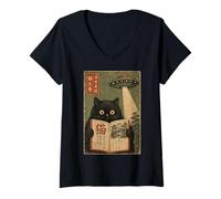 Donna Book Lover UFO Alien Abduction Vintage Japanese Cat Maglietta con Collo a V