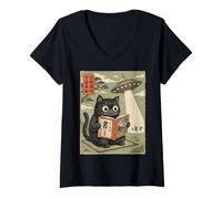 Donna Book Lover UFO Alien Abduction Vintage Japanese Cat Maglietta con Collo a V