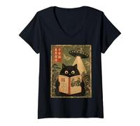Donna Book Lover UFO Alien Abduction Vintage Japanese Cat Maglietta con Collo a V