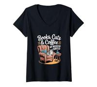 Donna Book Lovers Cats: Libri, Gatti e caffè Weekend Maglietta con Collo a V