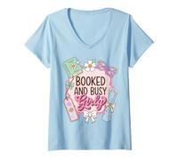 Donna Booked And Busy Girly Reader Book Lover Maglietta con Collo a V