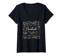 Donna Bookish Preppy Doodle Reading Cozy Vibes Woman Maglietta con Collo a V