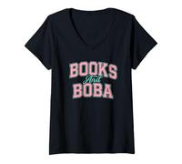 Donna Books And Boba Design Cozy Reading Aesthetic Book Lover Boba Maglietta con Collo a V