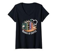 Donna Books And Coffee Book Lover Bookish Green Book Theme Reading Maglietta con Collo a V
