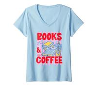 Donna Books And Iced Coffee Bookish Book Lover Reader Bookworm Maglietta con Collo a V