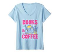 Donna Books And Iced Coffee Bookish Book Lover Reader Bookworm Maglietta con Collo a V