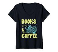 Donna Books And Iced Coffee Bookish Book Lover Reader Bookworm Maglietta con Collo a V