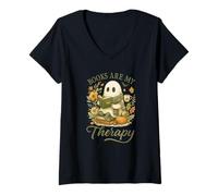 Donna Books Are My Therapy Cute Ghost Halloween Reader Maglietta con Collo a V