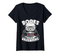 Donna Books Are My Valentine - Lettore di Libri a Forma di Panda Maglietta con Collo a V