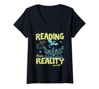 Donna Books Over Reality Book Lover Reader Fiction Library Bookish Maglietta con Collo a V