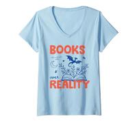 Donna Books Over Reality Book Lover Reader Fiction Library Bookish Maglietta con Collo a V
