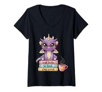 Donna Bookworm Cute Baby Dragon Leggi Libri Be Kind Stay Weird Maglietta con Collo a V
