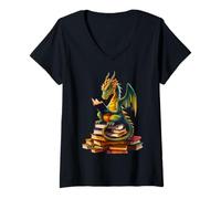 Donna Bookworm Dragons Reading Book Gifts Book Lover Kids Womens Maglietta con Collo a V