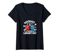 Donna Bookworm Reading Books Evviva Il Giorno della Biblioteca Maglietta con Collo a V