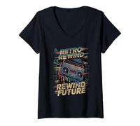 Donna Boombox con cassette e pattini Rewind Retro anni '80 Energy Maglietta con Collo a V