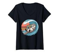Donna Boombox retrò Anni '80 Sunset Surfing Sea Otter Maglietta con Collo a V