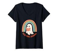 Donna Boooooks Cute Ghost Rainbow Halloween Maglietta con Collo a V