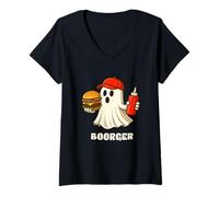 Donna Boorger Halloween Ghost Foodie Halloween Burger Delivery Man Maglietta con Collo a V