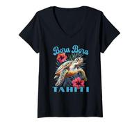 Donna Bora Bora Tahiti Polinesia Francese Tartaruga Marina E Ibisco Maglietta con Collo a V