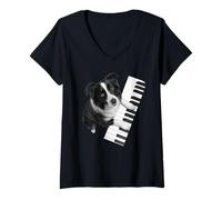 Donna Border Collie che suona il pianoforte pianista amante dei cani Maglietta con Collo a V