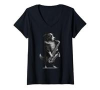 Donna Border Collie che suona il sassofono Jazz Music Dog Lover Maglietta con Collo a V