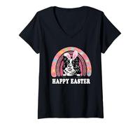 Donna Border Collie Dog Easter Bunny Eggs Hunting Boho Rainbow Maglietta con Collo a V