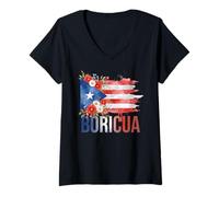 Donna Boricua Puerto Rico Bandiera Fiori Orgoglioso Patrimonio ispanico Maglietta con Collo a V