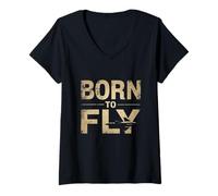 Donna Born Fly - Divertente Design Grafico di Born To Fly Born Maglietta con Collo a V