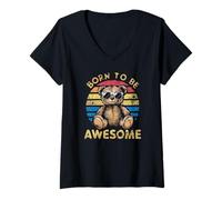 Donna Born To Be Awesome - Orsacchiotto di Peluche retrò Maglietta con Collo a V