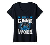 Donna Born To Game Forced To Work - Scritta per Gamer Zocker Maglietta con Collo a V