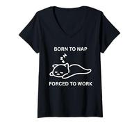 Donna Born To Nap Divertente Ufficio Carino Cat Lavoratore Costretto A Lavorare Maglietta con Collo a V