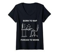Donna Born To Nap Divertente Ufficio Carino Lavoratore Costretto A Lavoro Maglietta con Collo a V