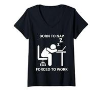 Donna Born To Nap Divertente Ufficio Carino Lavoratore Costretto A Lavoro Maglietta con Collo a V