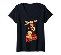 Donna Born to Read Retro Anni '50 Pin Up Bookworm Reading Maglietta con Collo a V