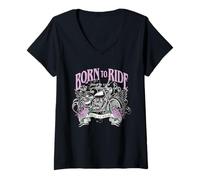 Donna Born To Ride Wild At Heart Motorcycle Roses Maglietta con Collo a V