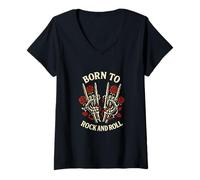 Donna Born To Rock Lets Rock Vintage Retro Rock & Roll Concerto Rock Maglietta con Collo a V