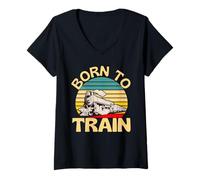 Donna Born To Train Retro Treno Amante Locomotiva Ferrovia Divertimento Maglietta con Collo a V