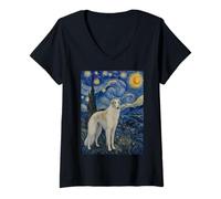 Donna Borzoi Cane Van Gogh Notte Stellata Maglietta con Collo a V