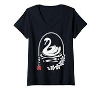 Donna Boston a Katakana - Kawaii Swan & Sakura Maglietta con Collo a V