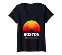 Donna Boston Massachusetts Vintage Sunset Retro City State USA Maglietta con Collo a V