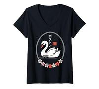 Donna Boston Swan Kawaii - Sakura Estetica Maglietta con Collo a V