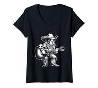 Donna Boston Terrier Cowboy Chitarra Musicista Western Country Music Maglietta con Collo a V