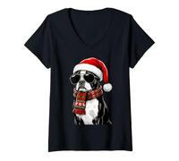 Donna Boston Terrier Dog Bostie Santa Hat Plaid Sciarpa Occhiali da Sole Maglietta con Collo a V
