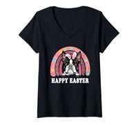 Donna Boston Terrier Dog Easter Bunny Eggs Hunting Boho Rainbow Maglietta con Collo a V