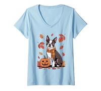 Donna Boston Terrier Dog Lover Pumpkin Autunno Autunno Ringraziamento Maglietta con Collo a V