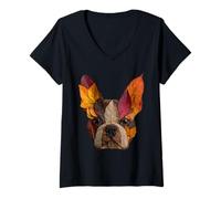 Donna Boston Terrier Foglie Autunno Artistico Cane Art Estetica Autunno Maglietta con Collo a V